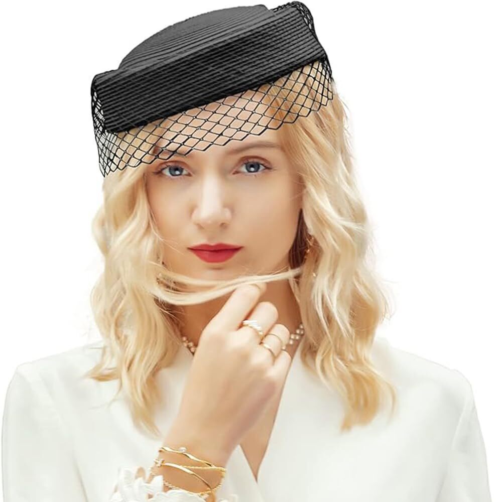 1732 British Vintage Elegant Pillbox Hat with Veil Bowknot Church